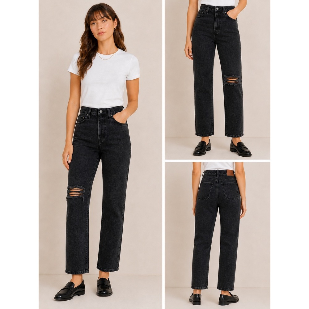 Madewell The Perfect Vintage Straight Jeans Black High Rise Distressed Denim 27